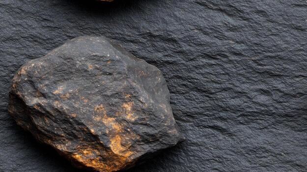 Three dark gray stones resting atop a dark slate surface, showcasing the varied textures and natural forms of the rocks. photo