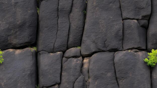 Dark, textured rock face displays intricate patterns, with small, vibrant green plants growing between the rough-hewn stones. photo