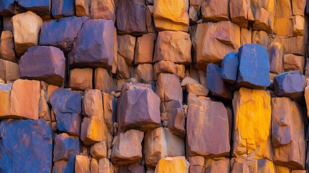 A close-up view of a textured rock face, showcasing a rich tapestry of warm, earthy colors. photo