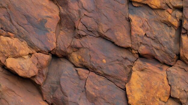 Close-up view of a textured rock face, showcasing intricate patterns and variations in warm brown and orange hues. photo