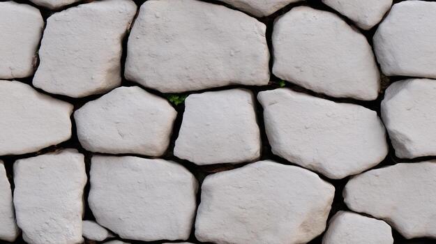 A close-up view of a textured light gray stone wall, exhibiting irregular shapes and a natural stone pattern. photo