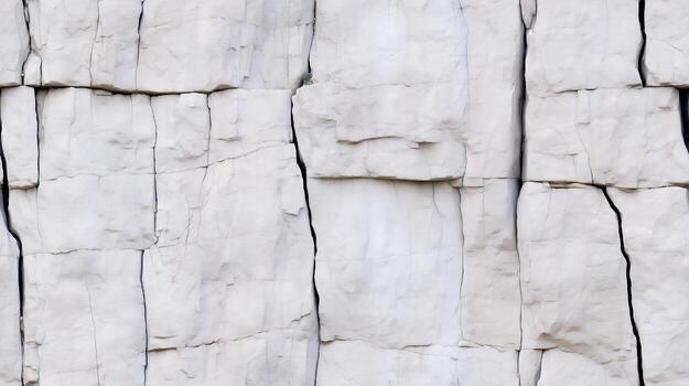 A detailed close-up view of a textured, light gray stone wall, showing distinct rectangular blocks and prominent vertical cracks. photo