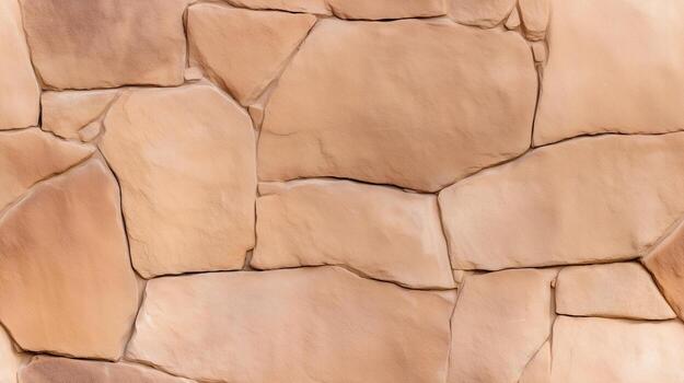 A close-up view of a textured stone wall featuring irregular, light beige blocks, showcasing a natural stone pattern. photo