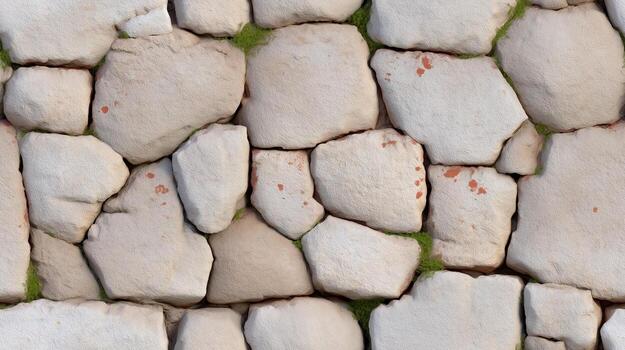 A detailed close-up view of a textured stone wall, featuring irregular, light-beige stones with reddish-brown stains and scattered patches of small green grass, creating a rustic and natural... photo