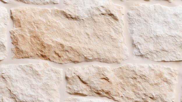 Close-up view of a stone wall exhibiting a natural, light beige and off-white color palette, showcasing irregular, textured stonework, with distinct lines and shapes. photo