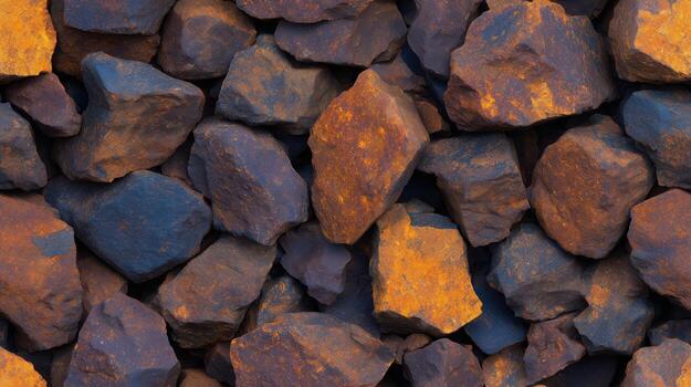 A close-up view of a textured pile of rocks, showcasing a rich tapestry of dark brown and rusty orange hues, with irregular shapes and varying sizes, creating a natural, earthy aesthetic. photo
