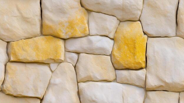 A close-up view of a light beige and creamy yellow stone wall featuring irregular, interlocking blocks. photo