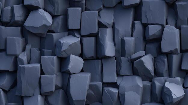 A detailed close-up view of a textured stone wall, composed of various-sized, interlocking blocks in a slate gray shade. photo