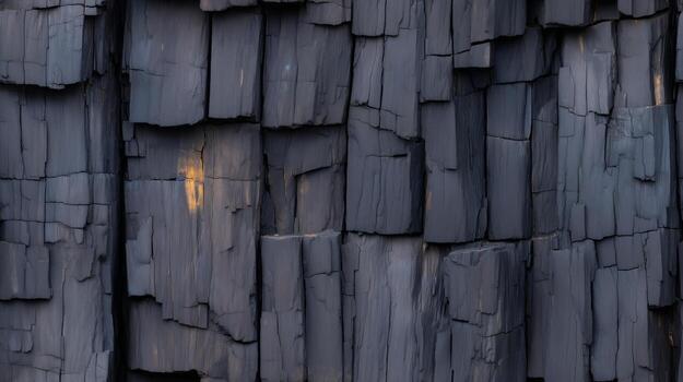 A close-up view of dark gray stone blocks, exhibiting intricate, fractured patterns and a textured surface. photo