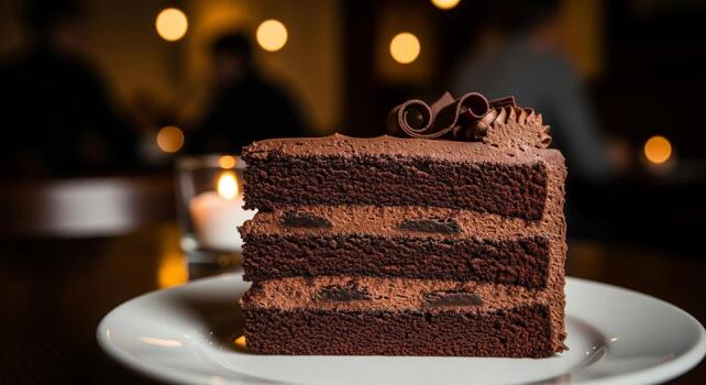 Decadent slice of layered chocolate cake served on a white plate in a dimly lit setting photo