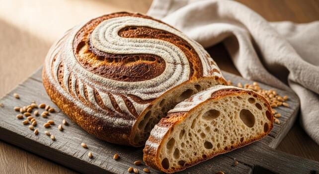Artisanal sourdough loaf displays beautiful scoring and crumb structure resting on a wooden board photo