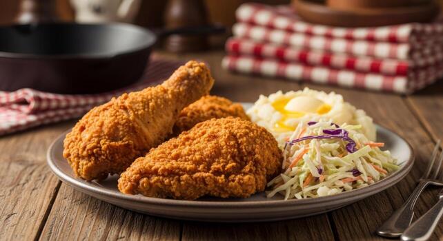Crispy fried chicken pieces served with mashed potatoes and coleslaw on a rustic wooden surface photo