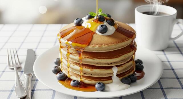 Stack of fluffy breakfast pancakes generously topped with syrup, fresh berries, and cream served alongside a steaming cup of dark coffee. photo