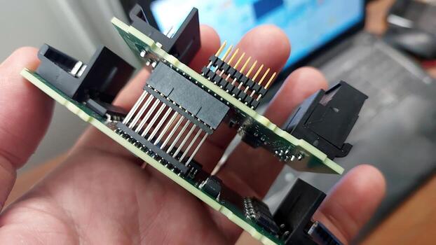 Detailed View of a Controller Electronic Board Held in Hand, Featuring Various Pins and Connectors photo