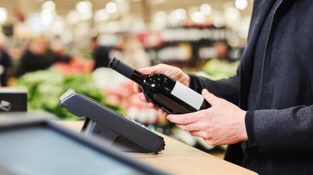 Man purchasing a bottle of wine with payment terminal at supermarket checkout photo