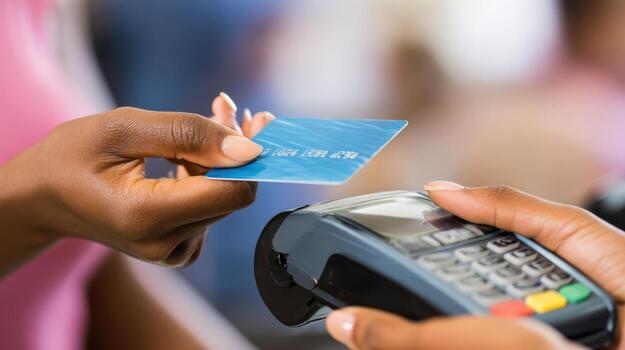 Close-up of customer using credit card for payment at POS terminal, hands exchanging card in retail store photo