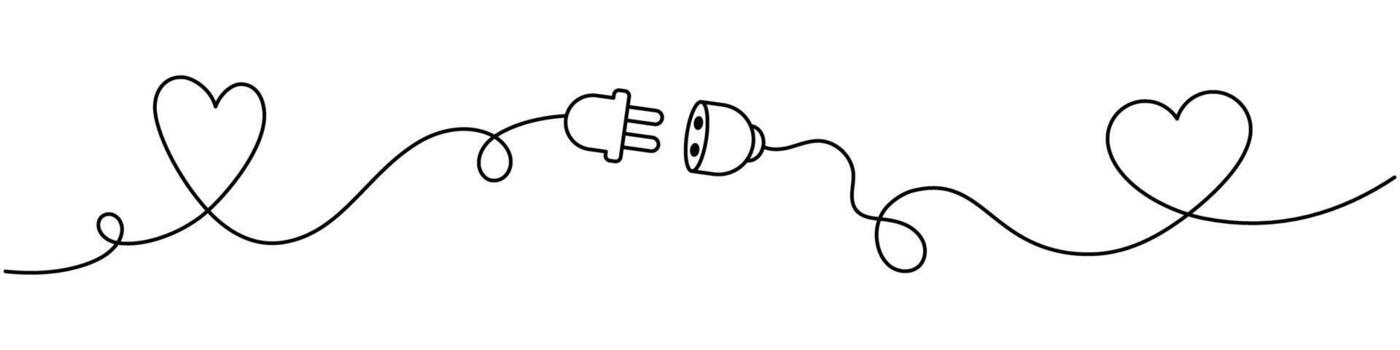 Two hearts connected by electric plug and socket in one continuous line. Minimalistic outline illustration symbolizing love, connection, energy, relationship, romance, and unity concept for design vector