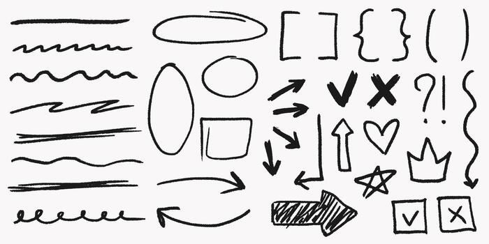 Scribbles and scrawls with rough grain, funky crowns and stars, curly pencil lines, abstract shapes, chaotic doodles, playful strokes and gritty texture. vector