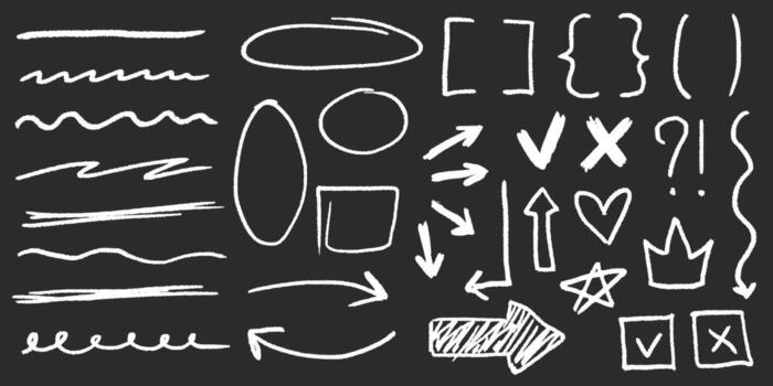 Chalk scribbles with charcoal grain, punk crowns, edgy scrawls, messy strokes, abstract shapes and textured doodles. vector