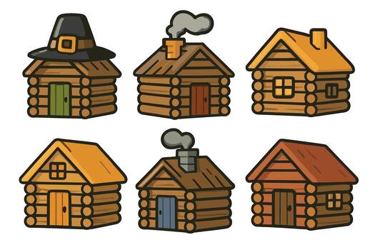 Rustic log cabins with various designs and colors vector