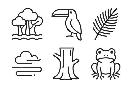 Nature elements including trees, toucan, and frog in simple designs vector