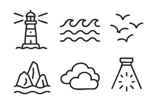 Coastal scene with lighthouse, waves, and birds in a minimalist style vector