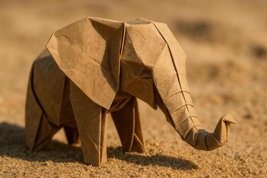 Intricate Brown Origami Elephant Grazing on Sandy Terrain with Extended Trunk photo