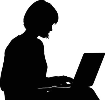 Silhouette of a person focused on typing on a laptop computer in a studio setting vector