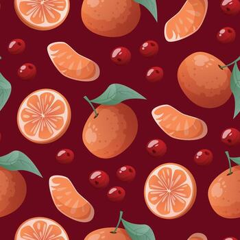 rich seamless pattern with oranges, lingonberries, and cranberries on a deep dark red background. vector