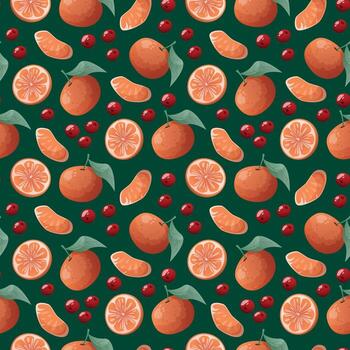 rich seamless pattern with oranges, lingonberries, and cranberries on a deep dark green background. vector