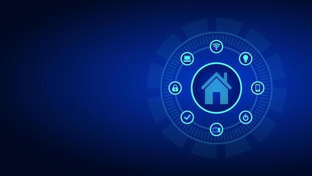 The technology background showcases the concept of a smart home, featuring digitally connected technology icons. The futuristic blue color represents technological advancements in smart home systems. vector