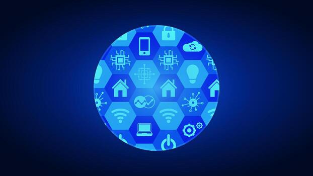 el futurista azul antecedentes diseño caracteristicas un hexagonal modelo con moderno tecnología iconos eso simboliza innovación, conectividad, y digital avance. vector