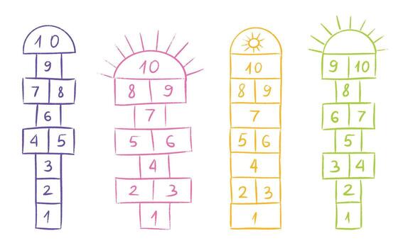 Hopscotch game templates in colorful chalk style with numbered squares from one to ten. vector
