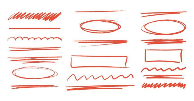 Red crayon marker underline set with highlight strokes, oval circles and wavy lines. vector