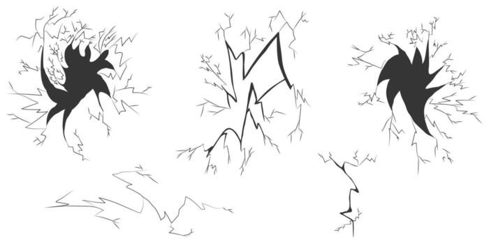 Set of illustrations of cracks and fractures various shapes of broken glass, wall or surface damage. Black and white silhouettes with sharp lines create an effect of impact, explosion, or shattere vector