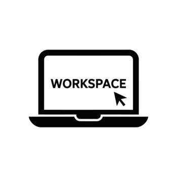 Black laptop icon with workspace text and cursor displayed on a white background vector