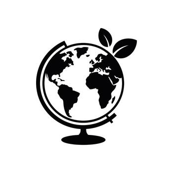 Black and white icon of a globe with two leaves on top vector