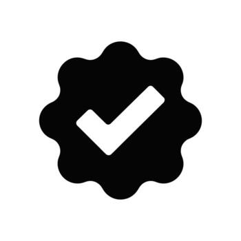 Black verified badge icon with checkmark on white background for use vector