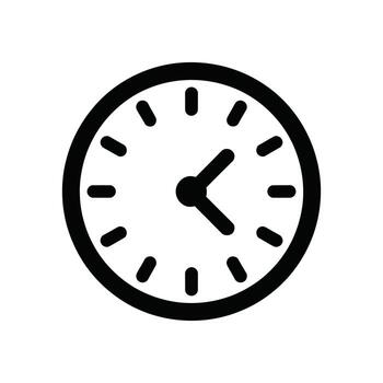 Black clock icon displaying approximate time ten past one on white background vector