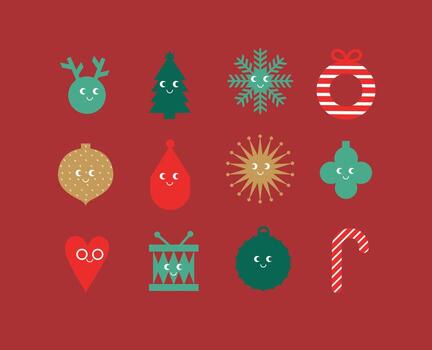 Navidad dibujos animados elementos nieve, ciervo, juguete, árbol juguete, árbol, copo de nieve, círculo, corazón, tambor, caramelo dibujo en linda sonriente estilo con color en rojo antecedentes vector