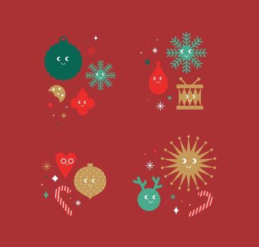 Navidad dibujos animados etiquetas con elementos nieve, ciervo, juguete, árbol juguete, árbol, copo de nieve, círculo, corazón, tambor, caramelo dibujo en linda sonriente estilo con color en rojo antecedentes vector