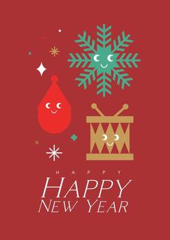 New year poster with cartoon tree toy, drums, snowflake drawing in cute smiling style with color on red background vector