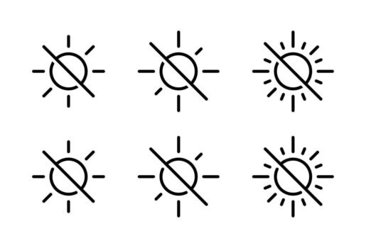 Brightness off icon set collection. Sun line with slash symbol. Light disable sign vector