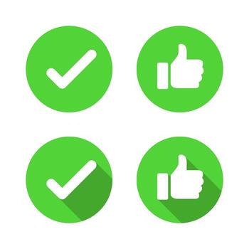 Check mark and thumbs up icon with long shadow. Tick and like symbol vector