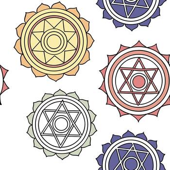 Intricate chakra inspired mandala design with multiple concentric layers and vibrant color palette vector