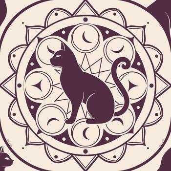 Mystical purple and soft cream cat mandala design featuring intricate patterns and a central feline figure vector
