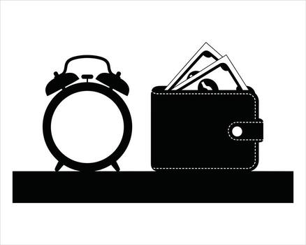 Black alarm clock and wallet with money on shelf time vector