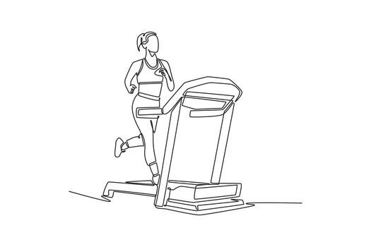Single one line drawing woman is intensely running on treadmill, mid-stride with focused effort, cardio endurance and dynamic fitness training. Continuous line draw design graphic illustration vector