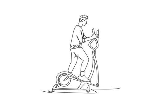 Continuous one line drawing man is intensely working out on elliptical machine, illustrating cardio endurance and steady full-body fitness routine. Single line draw design graphic illustration vector