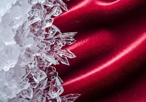 Macro view of delicate ice crystals forming intricate patterns, shimmering against a soft, wavy red velvet-like fabric, creating a striking contrast of cold and warmth, fragility and luxury photo